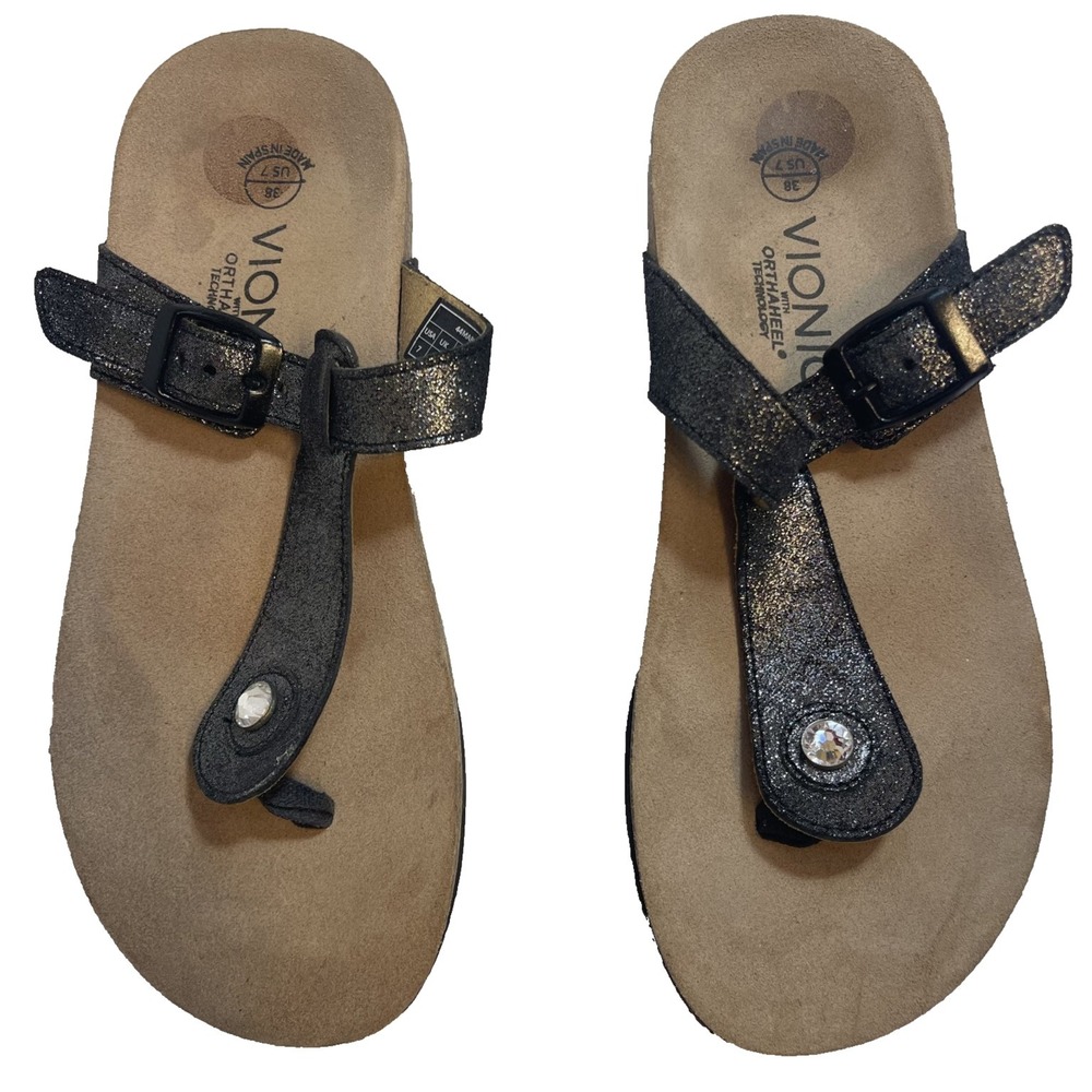 NWOB Vionic 44Mary Orthaheel Thong Sandals Flip Flop Black Glitter Women 7 EU 38